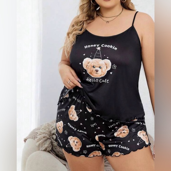 Cartoon & Slogan Print Cami Top And Shorts Pajama Set XL - Picture 1 of 1